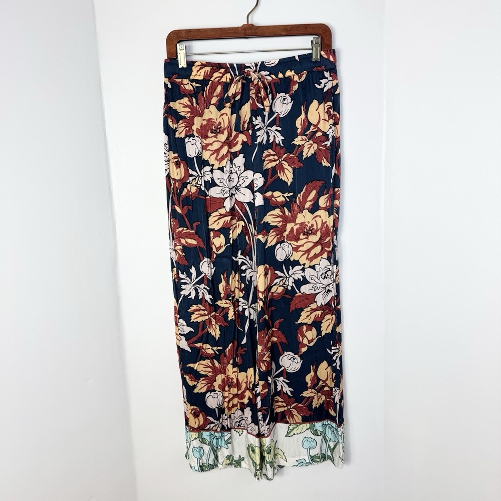 Lyre Bird Womens S Blue Floral Satin Feel Pajama Pants Pull On Drawstring Lounge